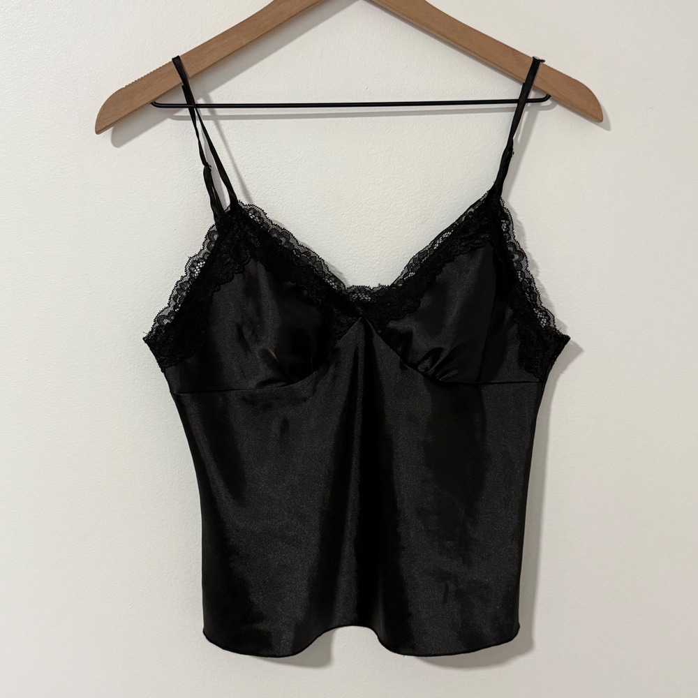 Satin Babydoll Top Women M Black Lace Trim Y2K Dark Coquette Gothic Romantic